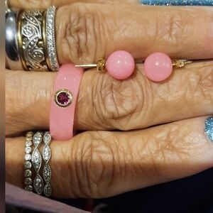 Genuine Solid 14K Yellow Gold Authentic Pink Jade Garnet Ring Set Size 8